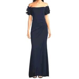 Xscape NWOT Women's Rosette Off-The-Shoulder Gown Size 14 Navy Ruched Formal